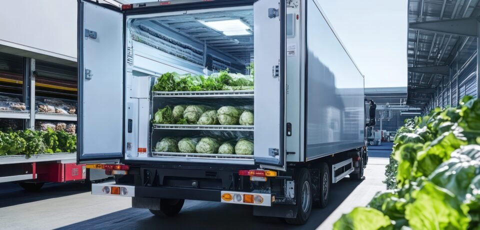 A refrigerated truck transporting perishable goods, showing the cooling system and temperature-controlled environment